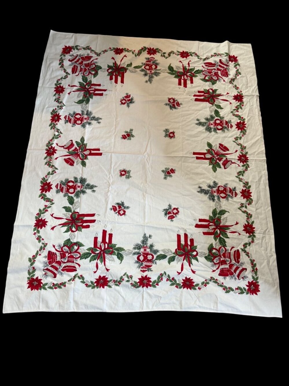 Vtg 1950s Christmas Retro Tablecloth Poinsettia Holly Bells Holiday Table Decor